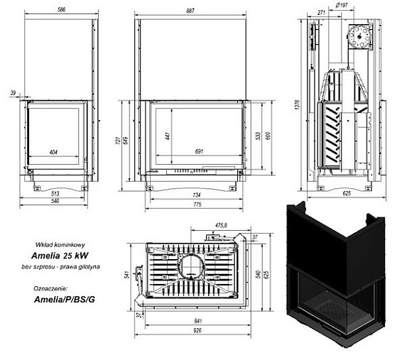 Топка AMELIA/P/BS, Г-образное стекло справа, гильотина_1